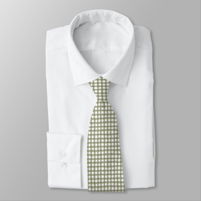 Classic Olive Green Gingham Plaid Pattern Holiday Tie (Tied)