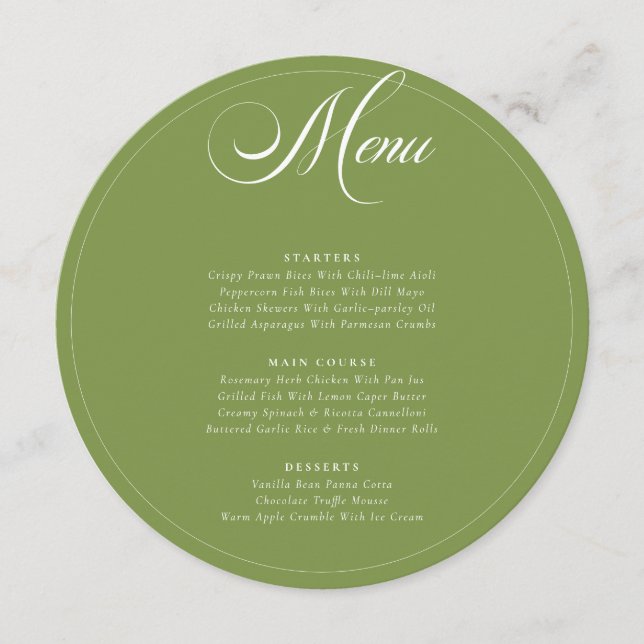 Classic Olive Green Ivory Calligraphy Wedding Menu (Front)