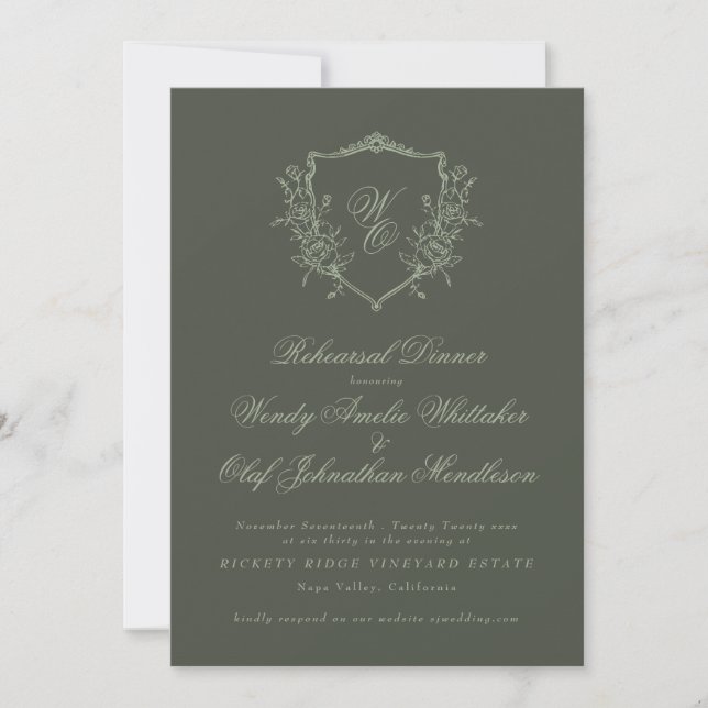 Classic olive sage Monogram Rehearsal Dinner Invitation (Front)