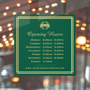 Classic Opening Hours Business Logo Green Gold Window Cling