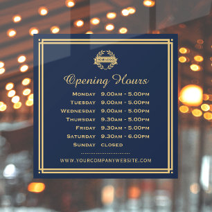 Classic Opening Hours Business Logo Navy Gold Window Cling