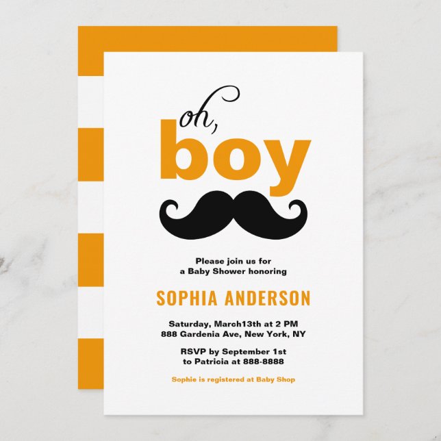Classic Orange It's a Boy Moustache Baby Shower Invitation (Front/Back)