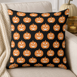 Classic Orange Jack o Lantern Pattern Black Throw Pillow