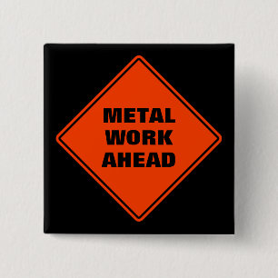 Classic orange road sign metal work ahead 2 inch square button
