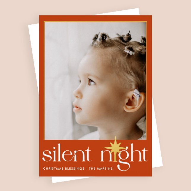 Classic Orange Silent Night Christmas Star Photo Foil Holiday Card (Creator Uploaded)