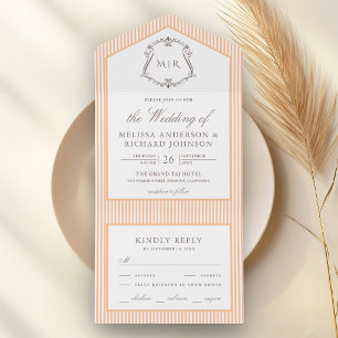 Classic Orange Striped Crest Monogram Wedding All In One Invitation