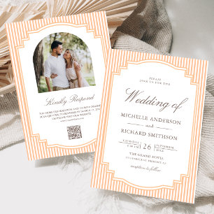 Classic Orange Striped Photo QR Code Wedding Invitation