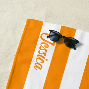 Classic Orange White Cabana Strip Personalized Beach Towel