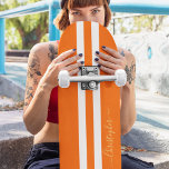 Classic Orange White Gold Monogram Racing Stripes Skateboard<br><div class="desc">Create your own custom, personalized, classic orange and white racing stripes, cool, stylish, classy elegant faux gold typography script, best quality hard-rock maple competition shaped skateboard deck. To customize, simply type in your name / monogram / initials. While you add / design, you'll be able to see a preview of...</div>