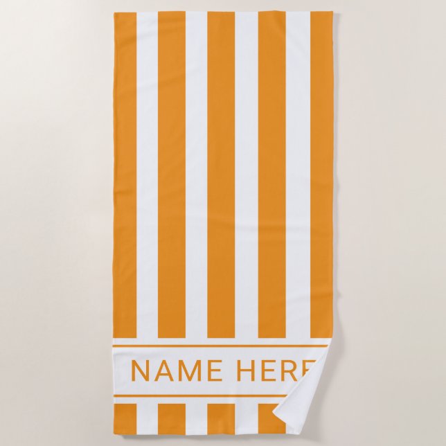 Classic Orange White Striped Beach Towel with Name (Front)