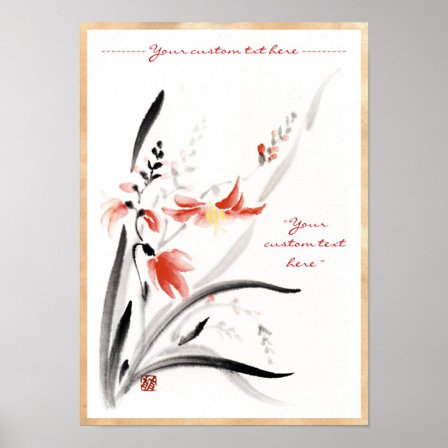 Classic oriental chinese sumi-e ink flowers paint poster (Front)