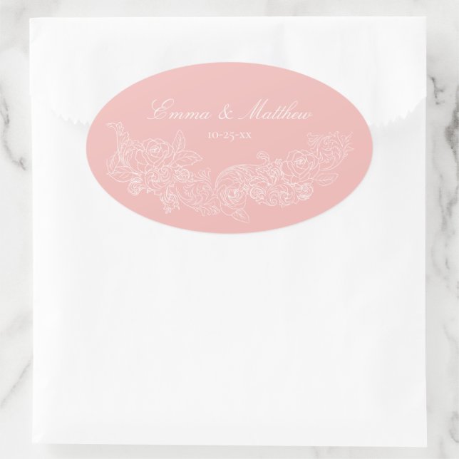 Classic Ornament Blush Pink Wedding Logo Oval Sticker (Bag)