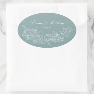 Classic Ornament Dusty Blue Regency Wedding Oval Sticker