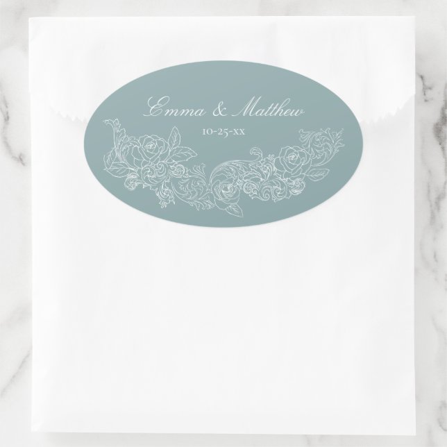 Classic Ornament Dusty Blue Wedding Logo Oval Sticker (Bag)