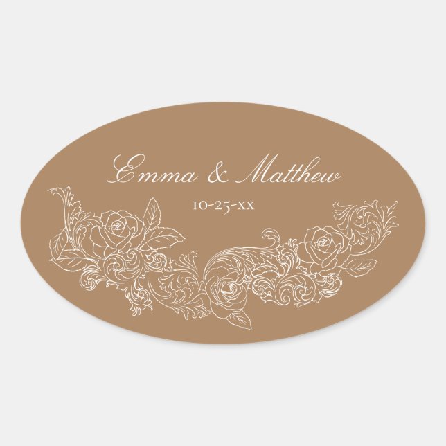 Classic Ornament Golden Brown Wedding Logo Oval Sticker (Front)