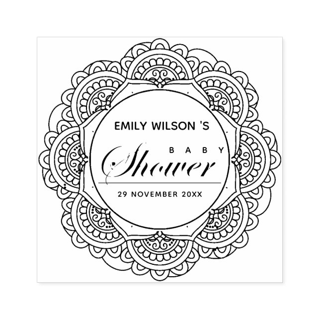 CLASSIC ORNATE MANDALA CUSTOM SCRIPT BABY SHOWER RUBBER STAMP (Imprint)