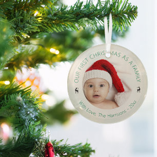 Classic Our First Christmas As A Family Photo Glass Ornament
