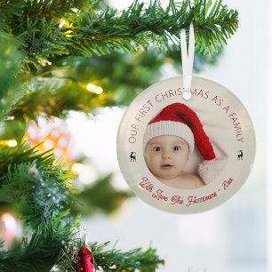 Classic Our First Christmas As A Family Photo Glass Ornament