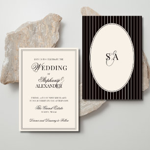 Classic Oval Black Ivory Striped Old Money Wedding Invitation