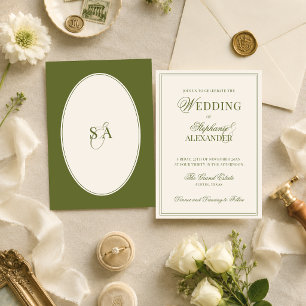 Classic Oval Retro Olive Green Old Money Wedding Invitation