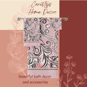 Classic Pale Blush Cream Black Floral Pattern  Bath Towel Set