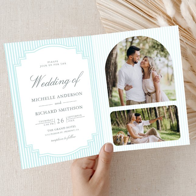 Classic Pastel Blue Striped Photo QR Code Wedding Invitation (Creator Uploaded)