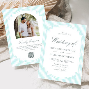 Classic Pastel Blue Striped Photo QR Code Wedding Invitation