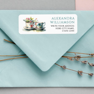 Classic Pastel Blue Tea Watercolor Name Address 