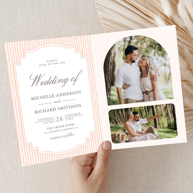 Classic Pastel Peach Striped Photo QR Code Wedding Invitation (Creator Uploaded)
