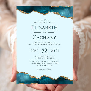 Classic Pastel Teal Gold Agate Wedding Invitation