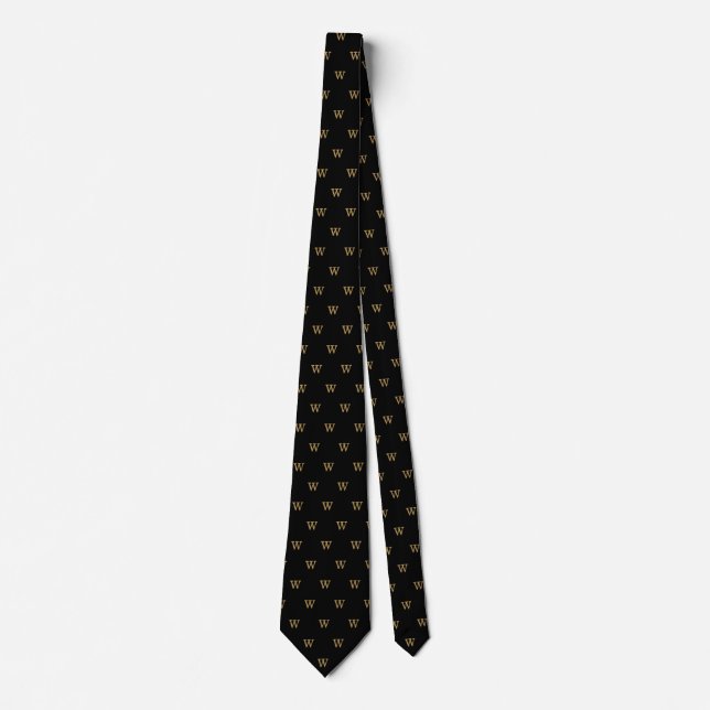 Classic Pattern Custom Monogram Initial Gold Black Tie (Front)