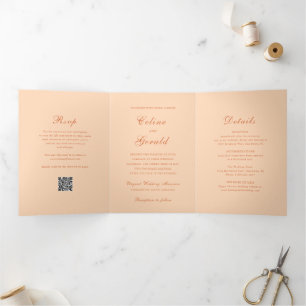 Classic Peach QR Code Elegant Wedding Tri-Fold Invitation