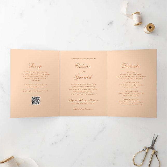 Classic Peach QR Code Elegant Wedding Tri-Fold Invitation (Inside)
