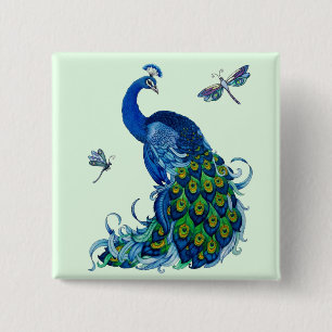 Classic Peacock and Dragonfly Design 2 Inch Square Button