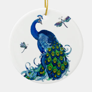 Classic Peacock and Dragonfly Design Ceramic Ornament