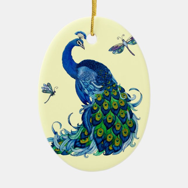 Classic Peacock and Dragonfly Design Ceramic Ornament (Front)