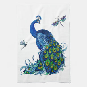 Classic Peacock and Dragonfly Design Kitchen Towel
