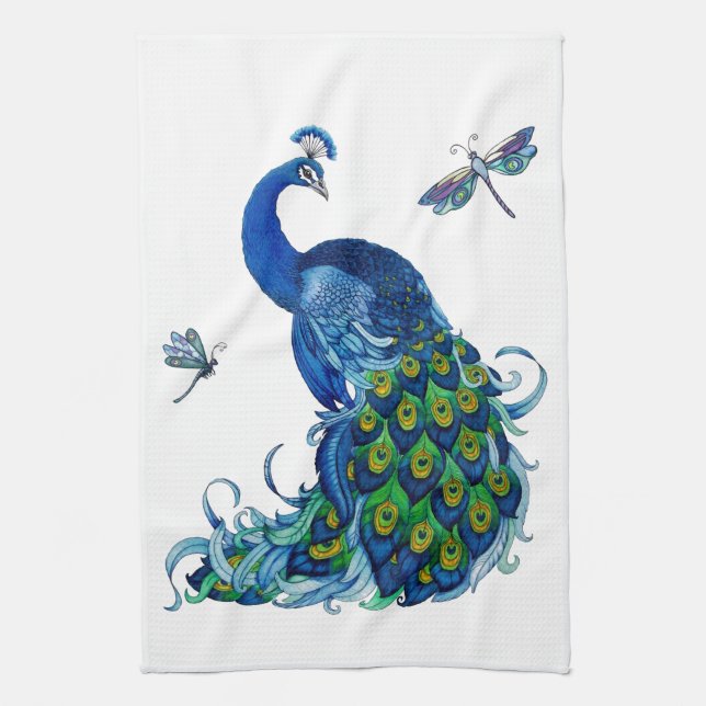 Classic Peacock and Dragonfly Design Kitchen Towel (Vertical)