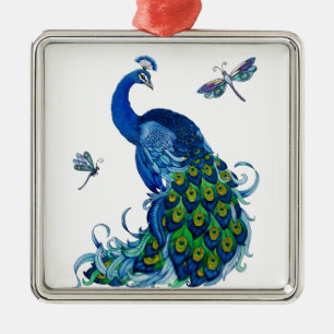 Classic Peacock and Dragonfly Design Metal Ornament