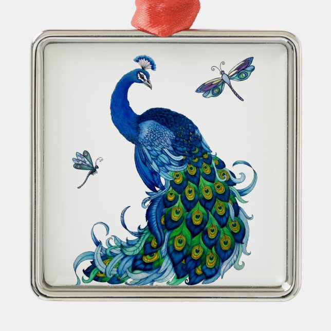 Classic Peacock and Dragonfly Design Metal Ornament (Front)