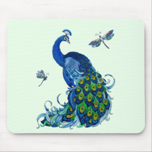 Classic Peacock and Dragonfly Design Mouse Pad