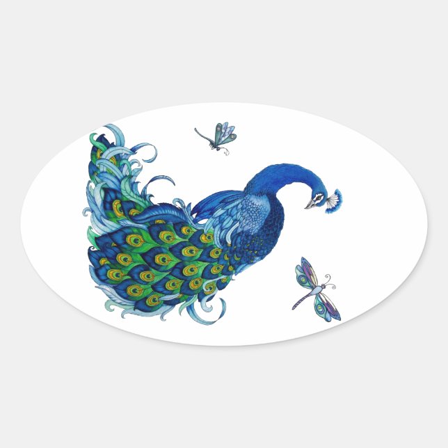 Classic Peacock and Dragonfly Design Oval Sticker (Front)