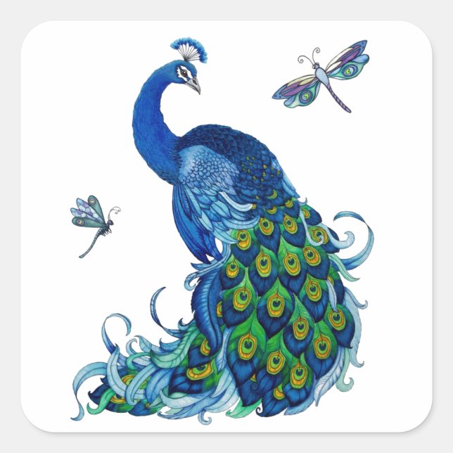 Classic Peacock and Dragonfly Design Square Sticker (Front)