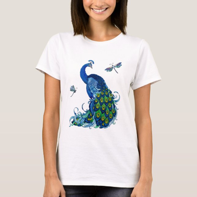 Classic Peacock and Dragonfly Design T-Shirt (Front)