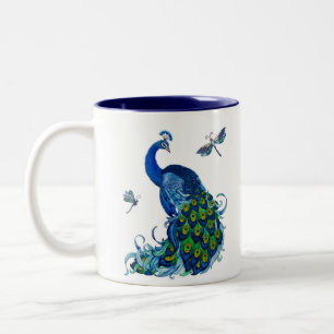 Classic Peacock and Dragonfly Design Two-Tone Coffee Mug