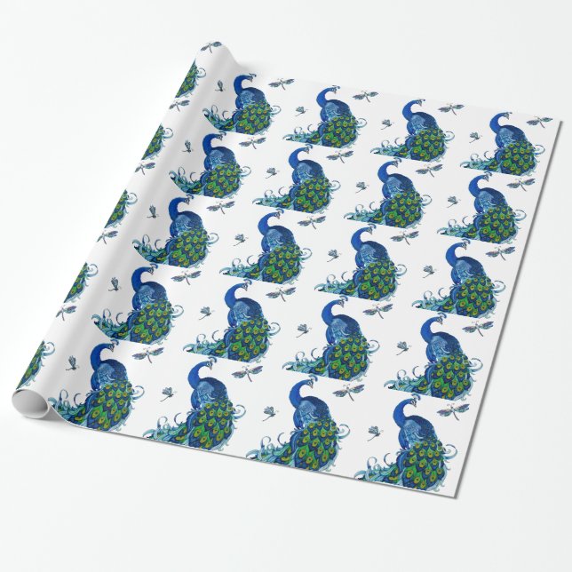 Classic Peacock and Dragonfly Design Wrapping Paper (Unrolled)