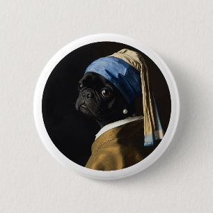 Classic Pearl Portrait–Inspired Black Pug Art 2 Inch Round Button