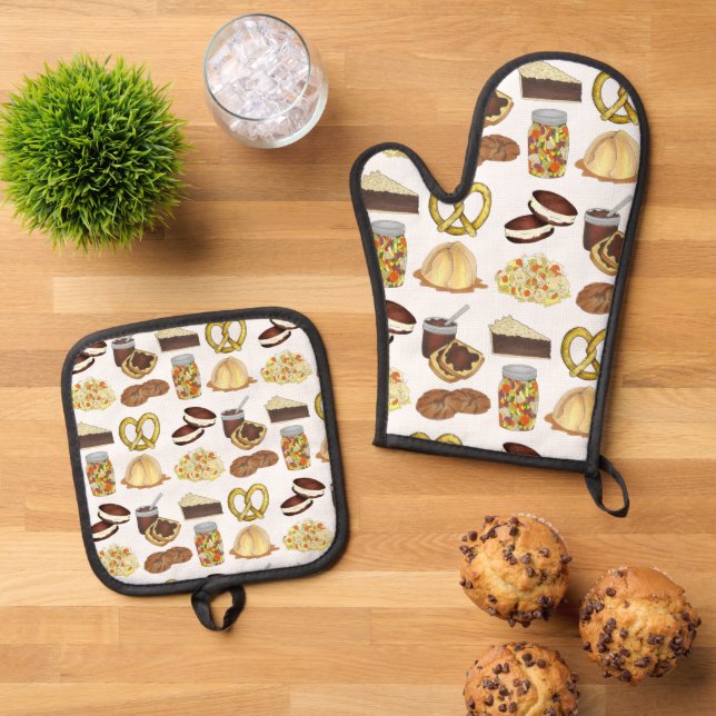 Classic Pennsylvania PA Dutch Amish Food Dishes Oven Mitt & Pot Holder Set (Top Down)