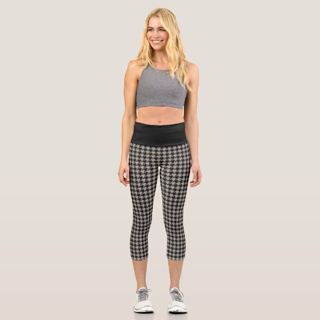 Classic Pepita Houndstooth Pattern Black and Grey Capri Leggings (Front)