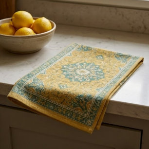 Classic Persian Mustard with Teal Floral Accents Kitchen Towel